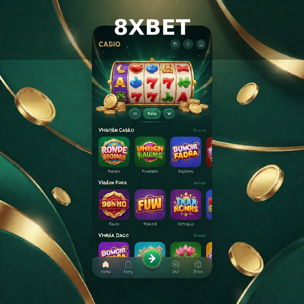 Ảnh màn hình ứng dụng 8XBET trên điện thoại smartphone hiển thị đa dạng trò chơi cá cược